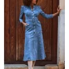 Sosandar Mid Blue Ruched Waist Popper Front Denim Dress
