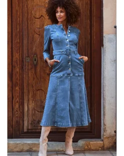 Sosandar Mid Blue Ruched Waist Popper Front Denim Dress