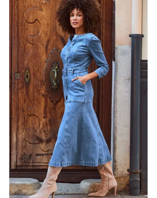 Sosandar Mid Blue Ruched Waist Popper Front Denim Dress