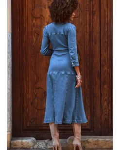 Sosandar Mid Blue Ruched Waist Popper Front Denim Dress