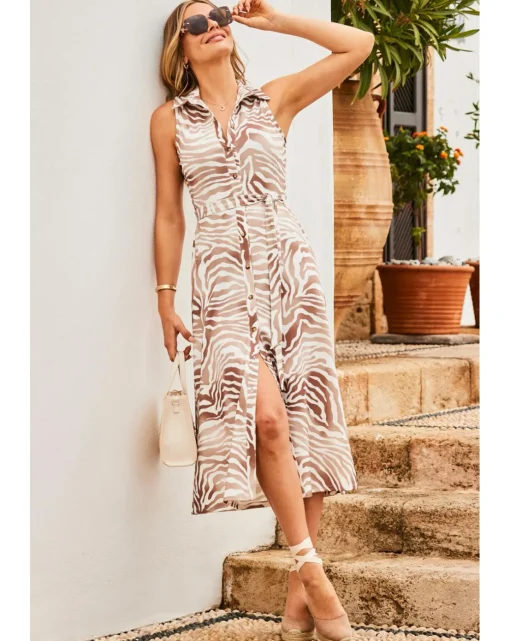 Sosandar Natural Zebra Print Sleeveless Jersey Shirt Dress
