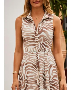 Sosandar Natural Zebra Print Sleeveless Jersey Shirt Dress
