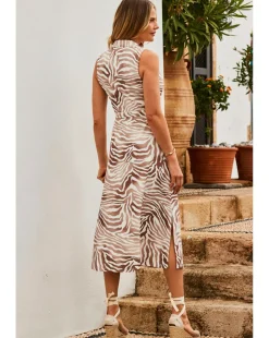 Sosandar Natural Zebra Print Sleeveless Jersey Shirt Dress