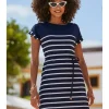 Sosandar Navy Blue Stripe Print Button Shoulder T-shirt Dress