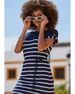 Sosandar Navy Blue Stripe Print Button Shoulder T-shirt Dress