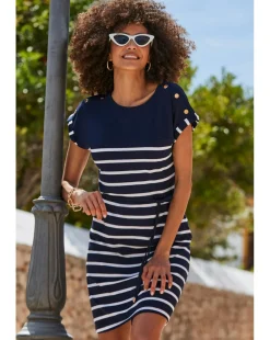 Sosandar Navy Blue Stripe Print Button Shoulder T-shirt Dress