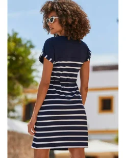 Sosandar Navy Blue Stripe Print Button Shoulder T-shirt Dress