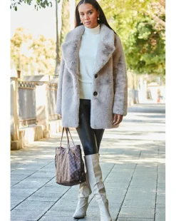 Sosandar Taupe Premium Faux Fur Coat with Button Detail