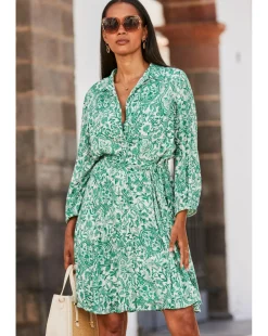 Sosandar White and Green Baroque Print Crinkle Shirt Dress