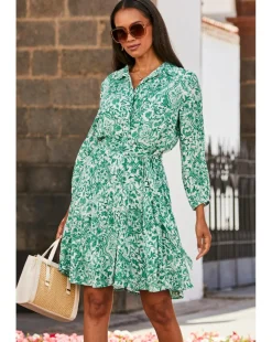 Sosandar White and Green Baroque Print Crinkle Shirt Dress