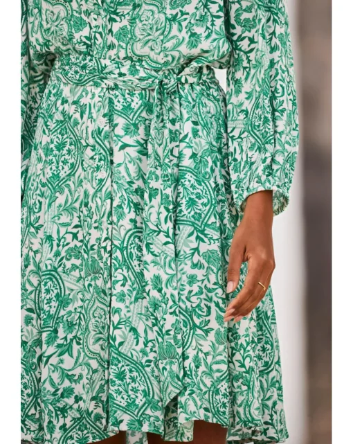 Sosandar White and Green Baroque Print Crinkle Shirt Dress