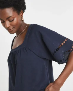 Square Neck Broderie Sleeve and Hem Top