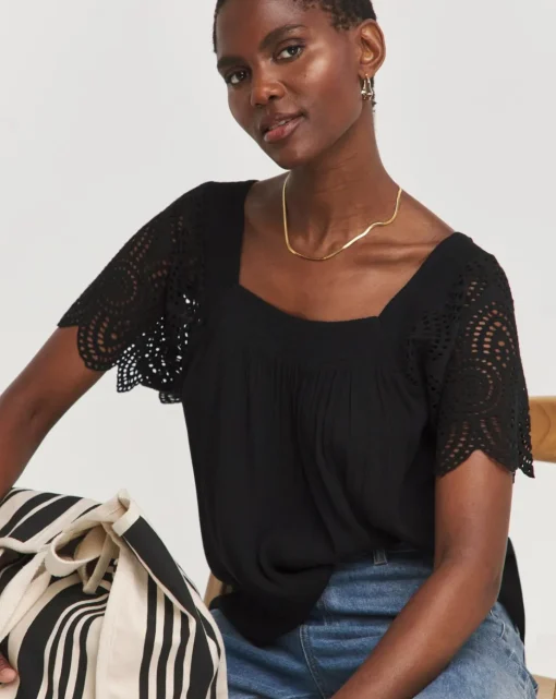 Square Neck Crochet Sleeve Top