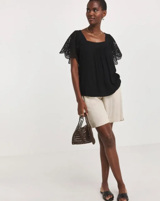 Square Neck Crochet Sleeve Top