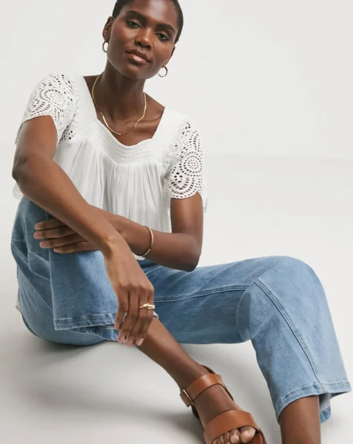 Square Neck Crochet Sleeve Top