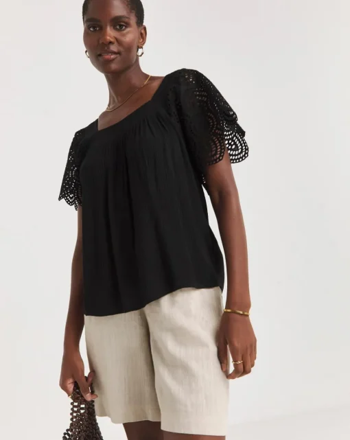 Square Neck Crochet Sleeve Top