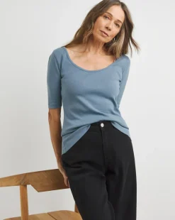 Steel Blue Scoop Neck Half Sleeve Top