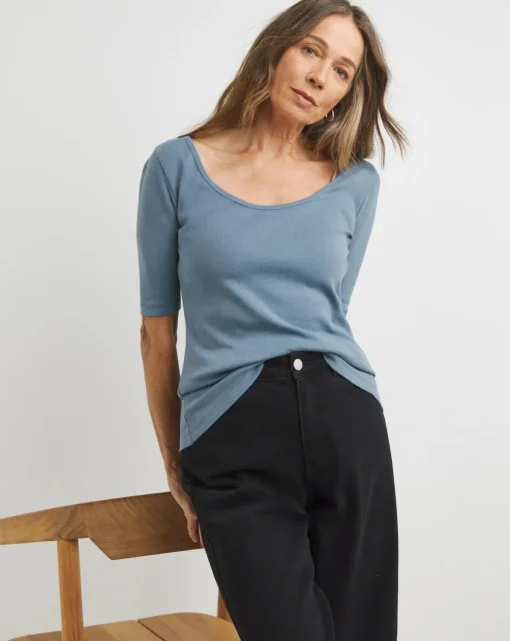 Steel Blue Scoop Neck Half Sleeve Top