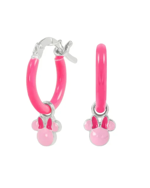 Sterling Silver Minnie Mouse Pink Enamel Huggie Earrings
