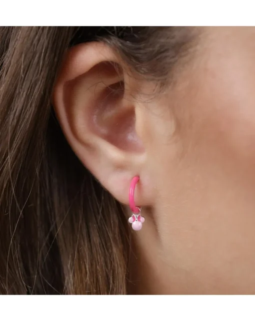 Sterling Silver Minnie Mouse Pink Enamel Huggie Earrings