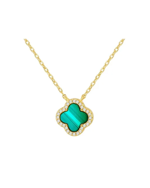 Sterling Silver Yellow Gold Plated Clover Malachite and CZ Necklace