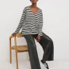 Stripe Lace V Neck Long Sleeve Longline Top
