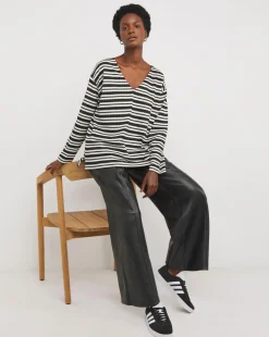 Stripe Lace V Neck Long Sleeve Longline Top