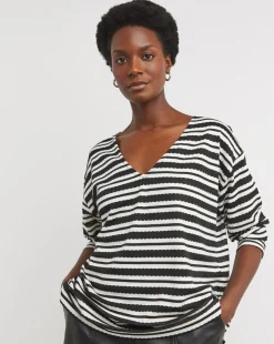 Stripe Lace V Neck Long Sleeve Longline Top