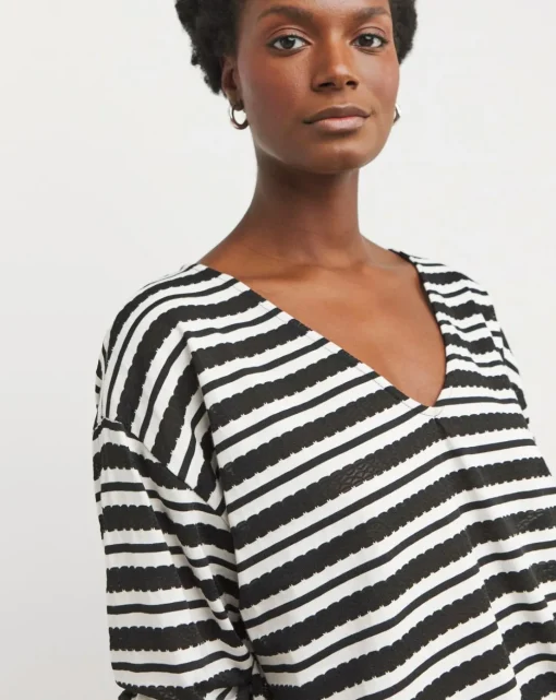 Stripe Lace V Neck Long Sleeve Longline Top