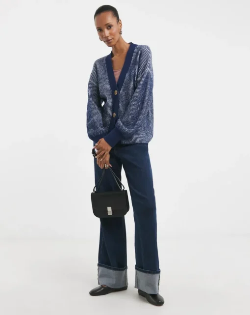 Striped Ribbed V Neck Cardigan