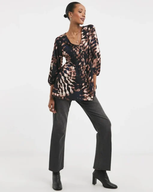 Tie Dye Print Button Front Longline Top
