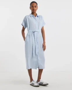 Tommy Hilfiger Linen Belted Short Sleeve Midi Dress