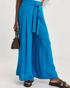 Turquoise Crinkle Wide Leg Wrap Trousers