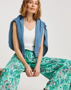 Turquoise Print Crinkle Palazzo Trousers