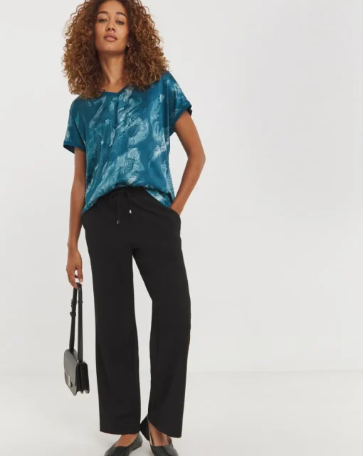 V Neck Printed Satin Front Longline Top