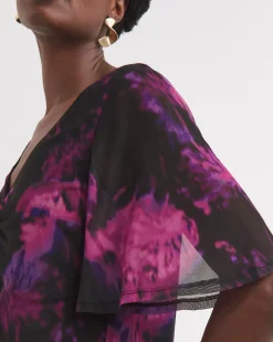 V Neck Short Sleeve Printed Mesh Top