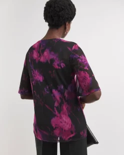 V Neck Short Sleeve Printed Mesh Top