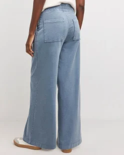 Washed Blue Cotton Mix Jersey Wide Leg Trouser