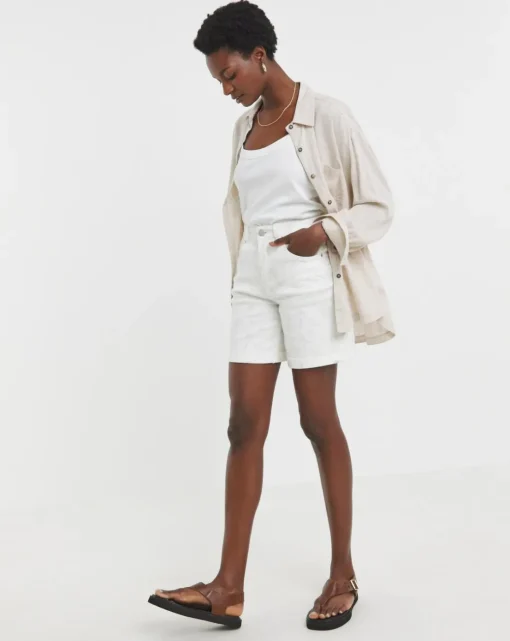 White Floral Embroidered Denim Shorts