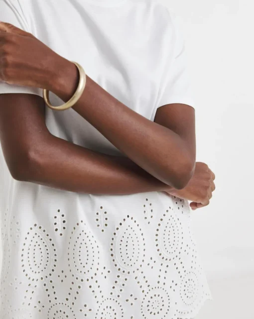 White Short Sleeve Broderie Hem Top