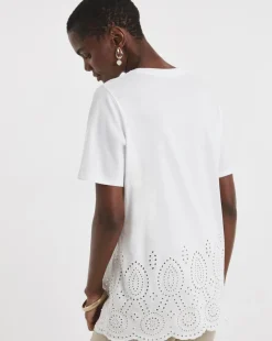 White Short Sleeve Broderie Hem Top