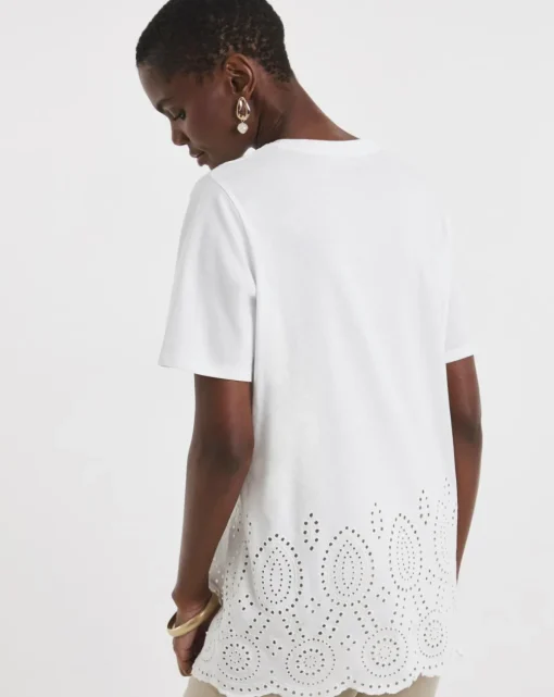 White Short Sleeve Broderie Hem Top