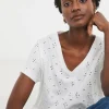 White V-Neck Broderie Short Sleeve T-Shirt