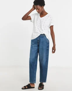White V-Neck Broderie Short Sleeve T-Shirt