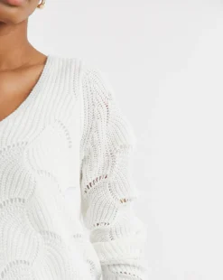 White V-neck Open Stitch Tunic