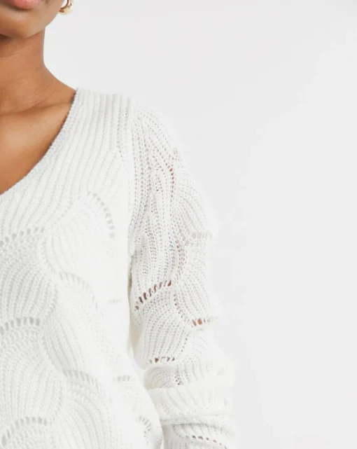 White V-neck Open Stitch Tunic