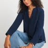 Womens Brushed Cotton V Neck Long Sleeve Blouse - Navy