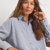 Womens Diamante Oversized Long Sleeve Shirt - Blue Stripe