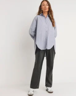 Womens Diamante Oversized Long Sleeve Shirt - Blue Stripe