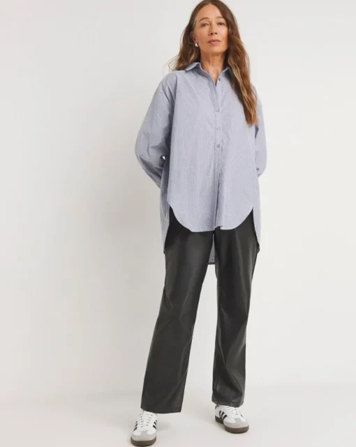 Womens Diamante Oversized Long Sleeve Shirt - Blue Stripe
